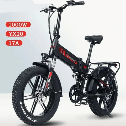 Folding Fat Tire Electric Bike 20" – 1000W, 48V 17Ah, 2-Seater, Removable Battery